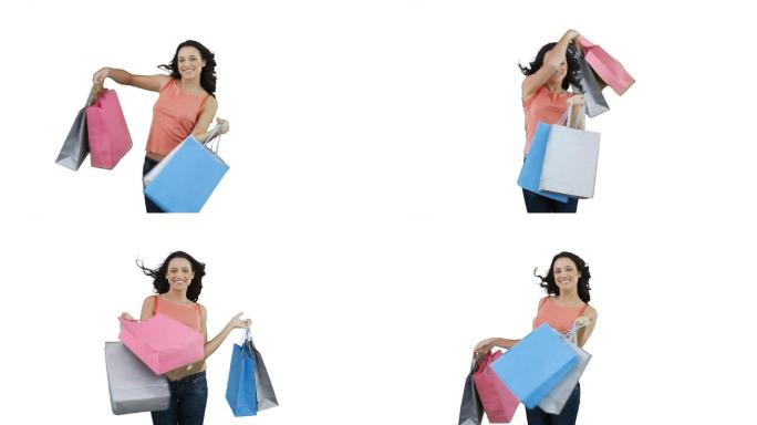 白色背景下，一个女人手里拿着购物袋