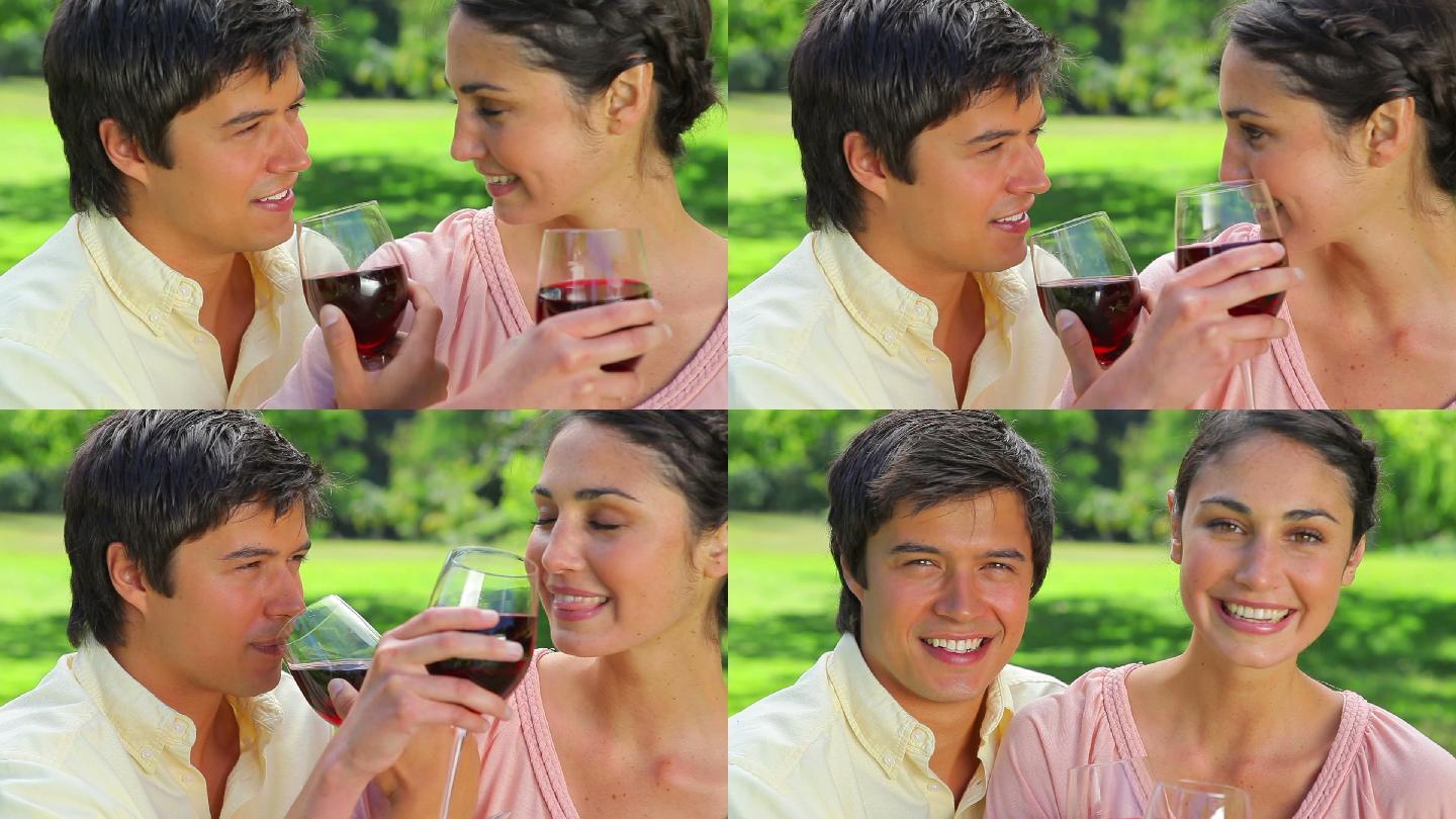 幸福的夫妇在乡下喝红酒
