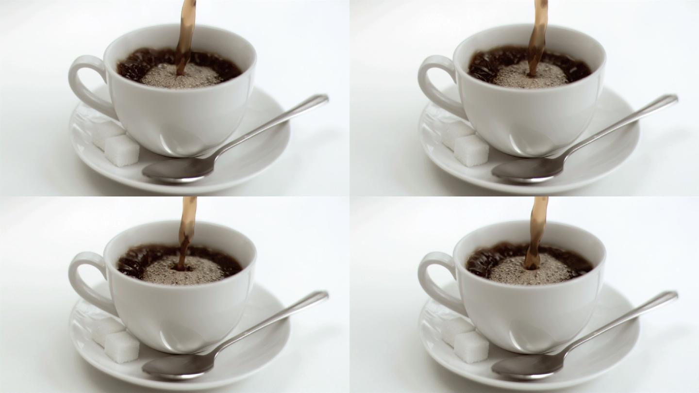 美式咖啡以超慢镜头在白色背景下倒满一杯