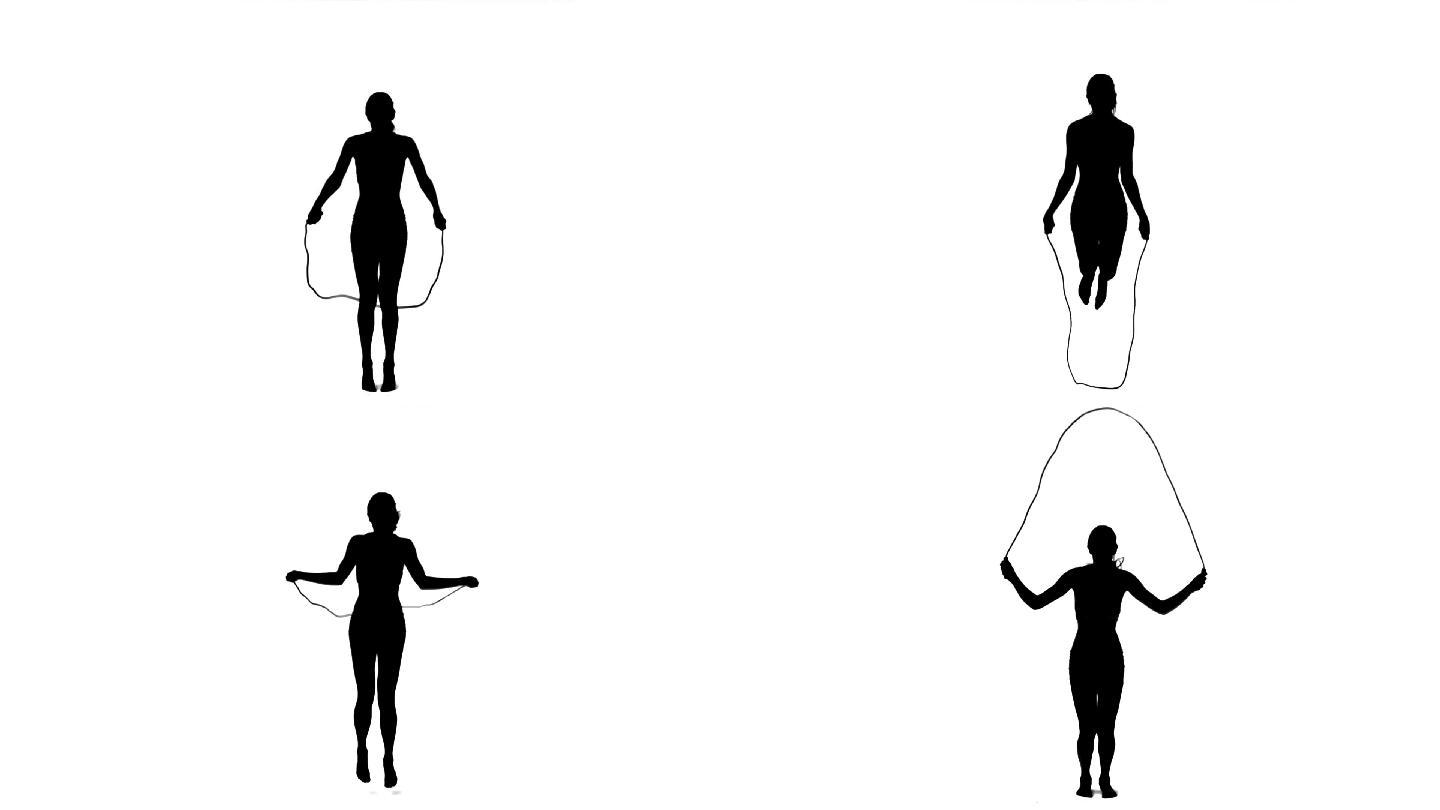 一个女性跳绳剪影慢镜头，在白色背景下