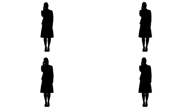 一个站着的女人在白色背景下讲手机的剪影