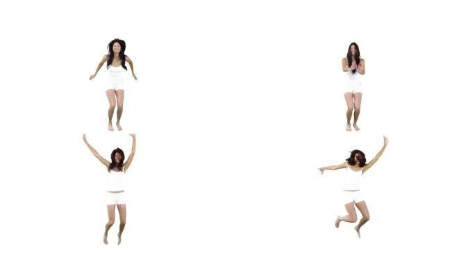 在白色背景下，女子在空中跳的慢动作