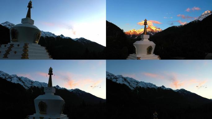 西藏雪山前面的佛教佛塔航拍