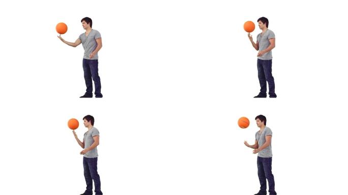 在白色的背景下，一个男人在远处旋转着他的篮球