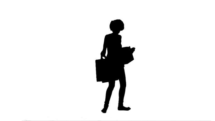 一个女人的剪影拿着购物袋在一个白色的背景