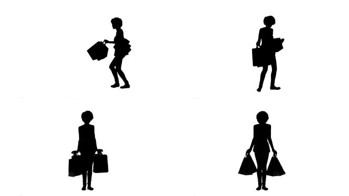 一个女人的剪影拿着购物袋在一个白色的背景