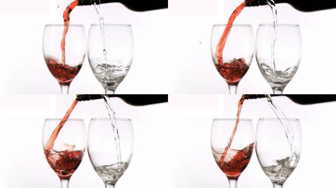 葡萄酒以超慢的动作倒在白色背景的玻璃杯中