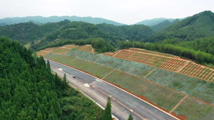 航拍高速公路隧道修路边坡绿化及施工