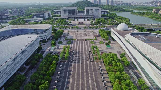 航拍绍兴市文化馆与绍兴科技馆