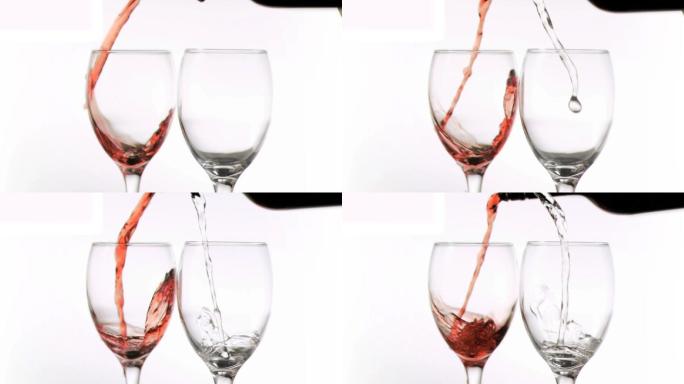 红酒和白葡萄酒以超慢的动作倒进玻璃杯