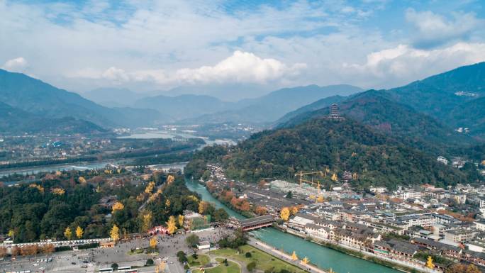 四川都江堰水利工程南桥风景区航拍