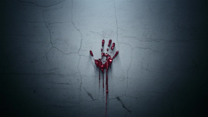昏暗的墙上有血写的救命和血手掌