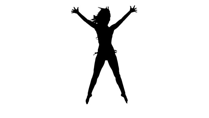 一个女性跳跃剪影慢镜头，在白色背景下
