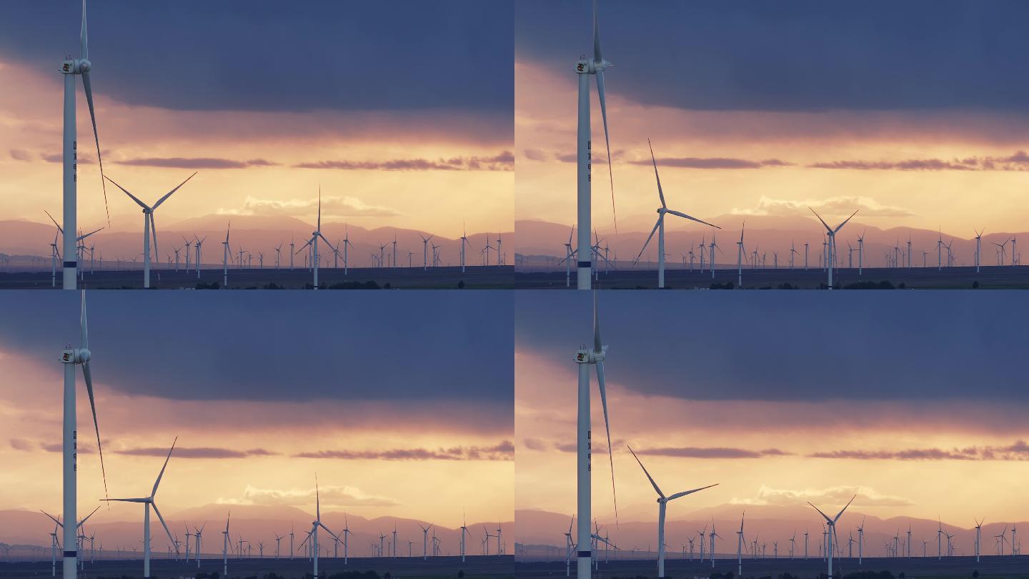 夕阳下戈壁滩上风力发电场