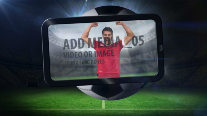 世界杯动画与平板电脑屏幕显示球员在黑色背景与灯光
