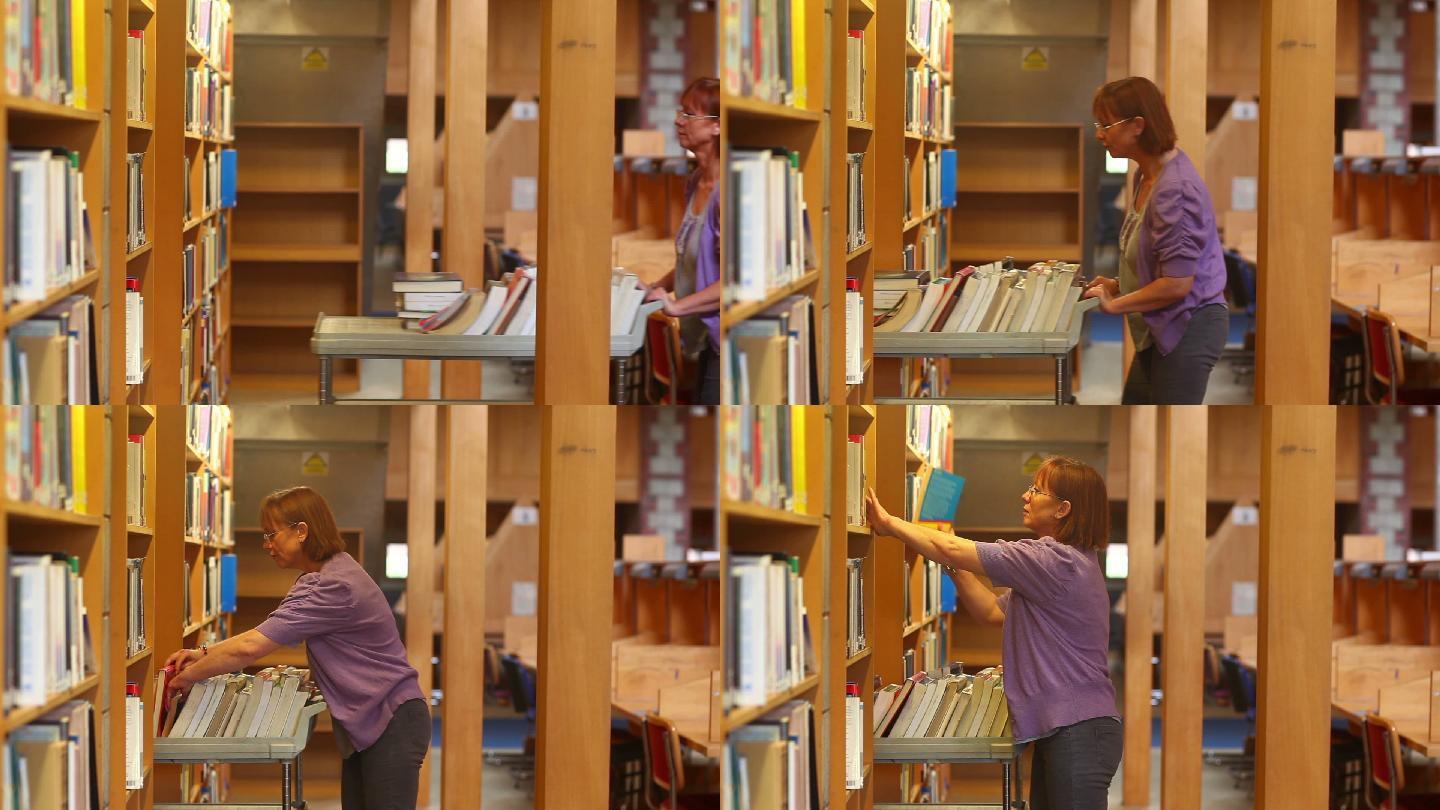 图书馆管理员推着手推车在图书馆还书