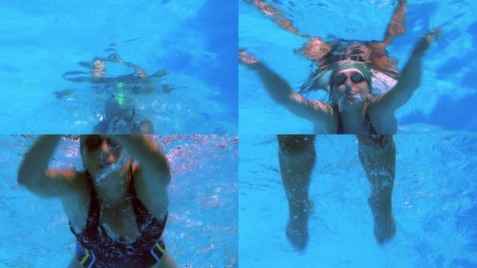 低角度视角的健康游泳者在游泳池做蛙泳