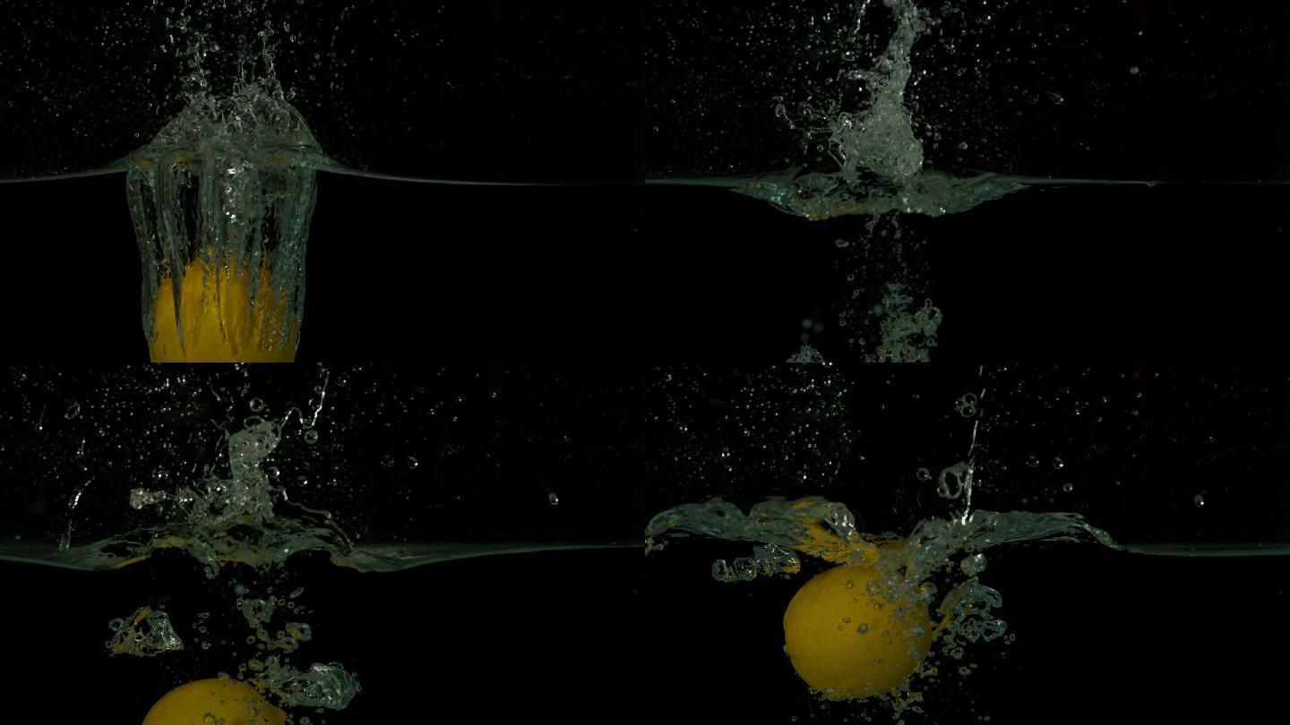 在黑色背景慢镜头中，柠檬跳入水中