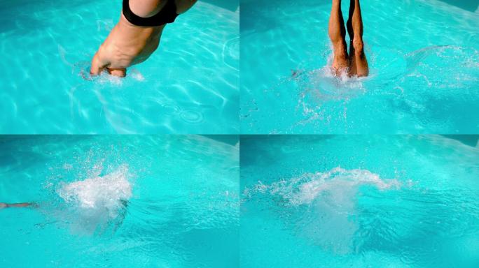 运动游泳运动员以慢动作跳入游泳池