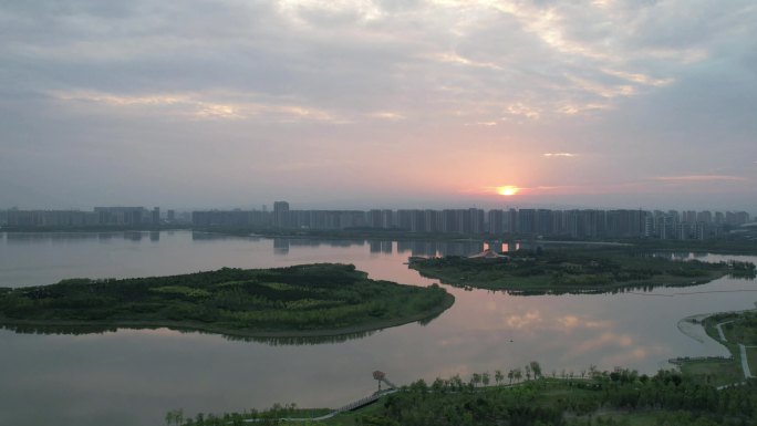 航拍平湖日出延时