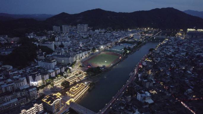 龙岩 长汀 古城 夜景 航拍城市快速发展