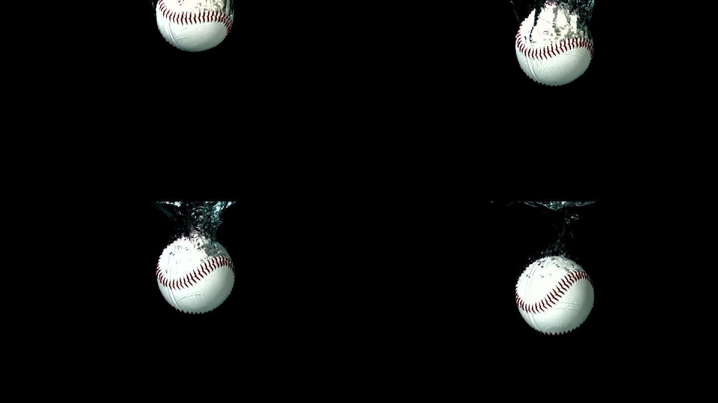 在黑色背景下的慢动作棒球落进水里