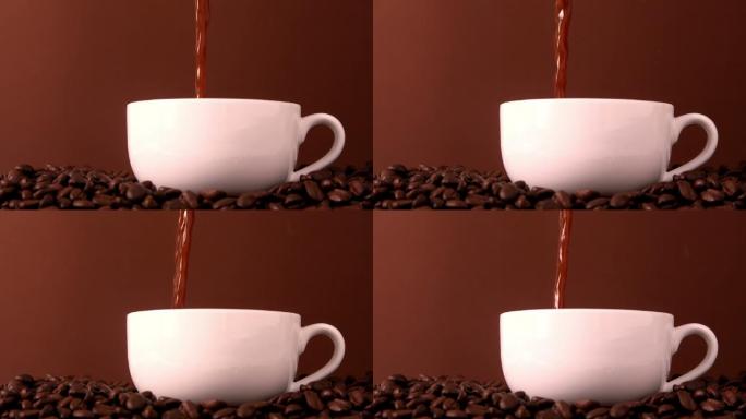 用慢镜头将热咖啡倒入白色杯中