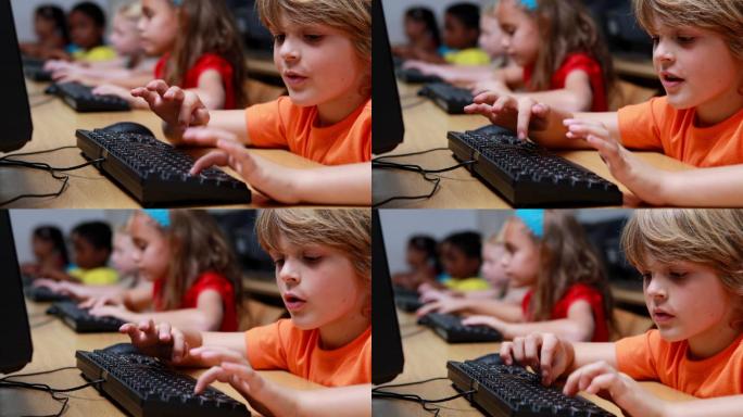 小学电脑课上，小男孩对着镜头微笑