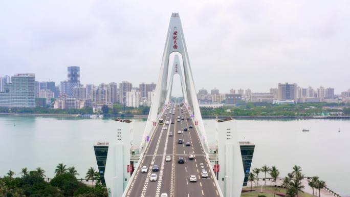 航拍海南海口海甸河地标世纪大桥桥面