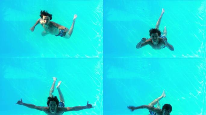 快乐的男人在他的假期在游泳池里跳向镜头挥手