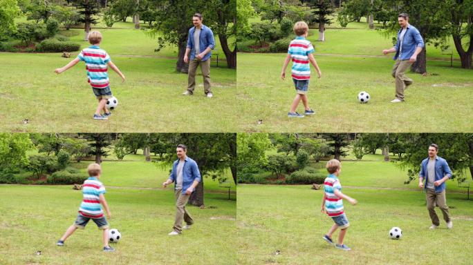 在一个阳光明媚的日子里，父亲和儿子在踢足球