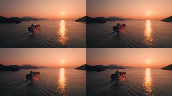 4K航拍夕阳海面货轮
