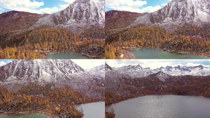 四川甘孜州丹巴县葫芦海彩林雪山风光航拍