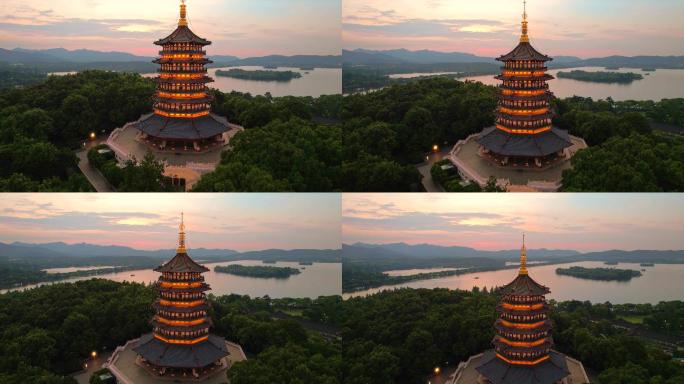 杭州西湖航拍日落时分雷峰塔著名景点