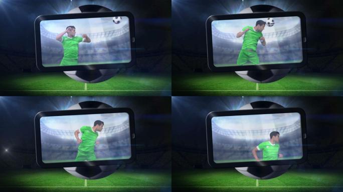 世界杯动画与平板电脑屏幕显示球员对足球与聚光灯和闪光灯