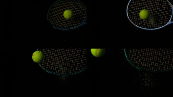 网球拍在黑色背景下击球的慢动作