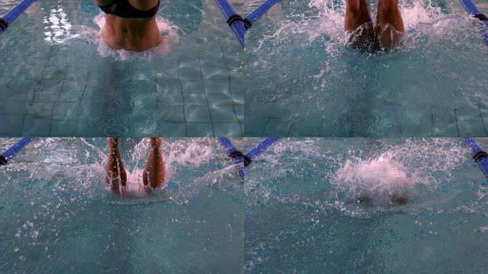 健康的游泳运动员以慢动作跳入游泳池