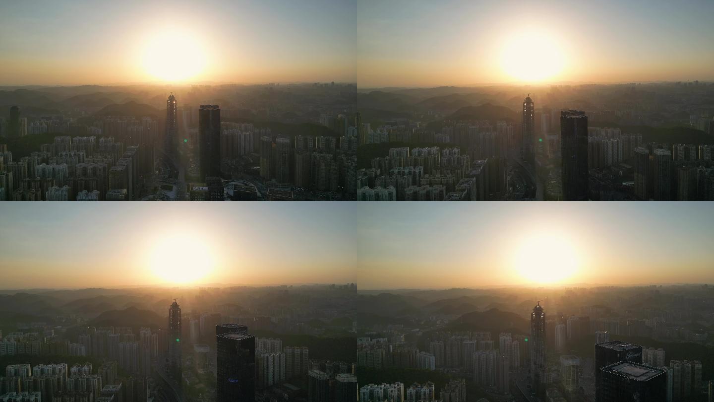大气航拍城市日落日出俯瞰鸟瞰大气城市风光