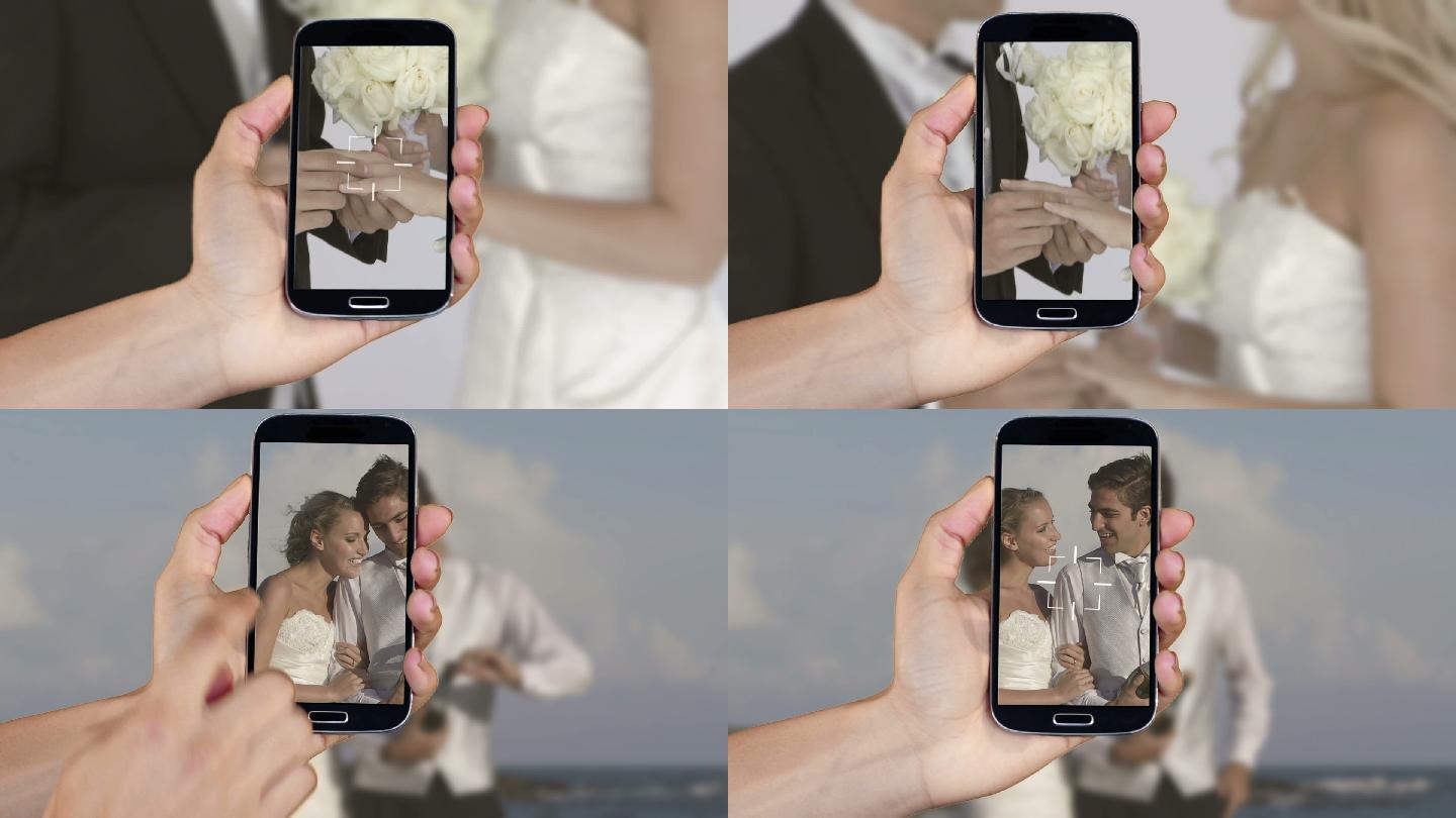 在智能手机屏幕蒙太奇上显示婚礼剪辑