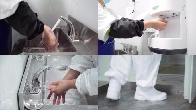 工厂车间工人员工洗手消毒防疫4k