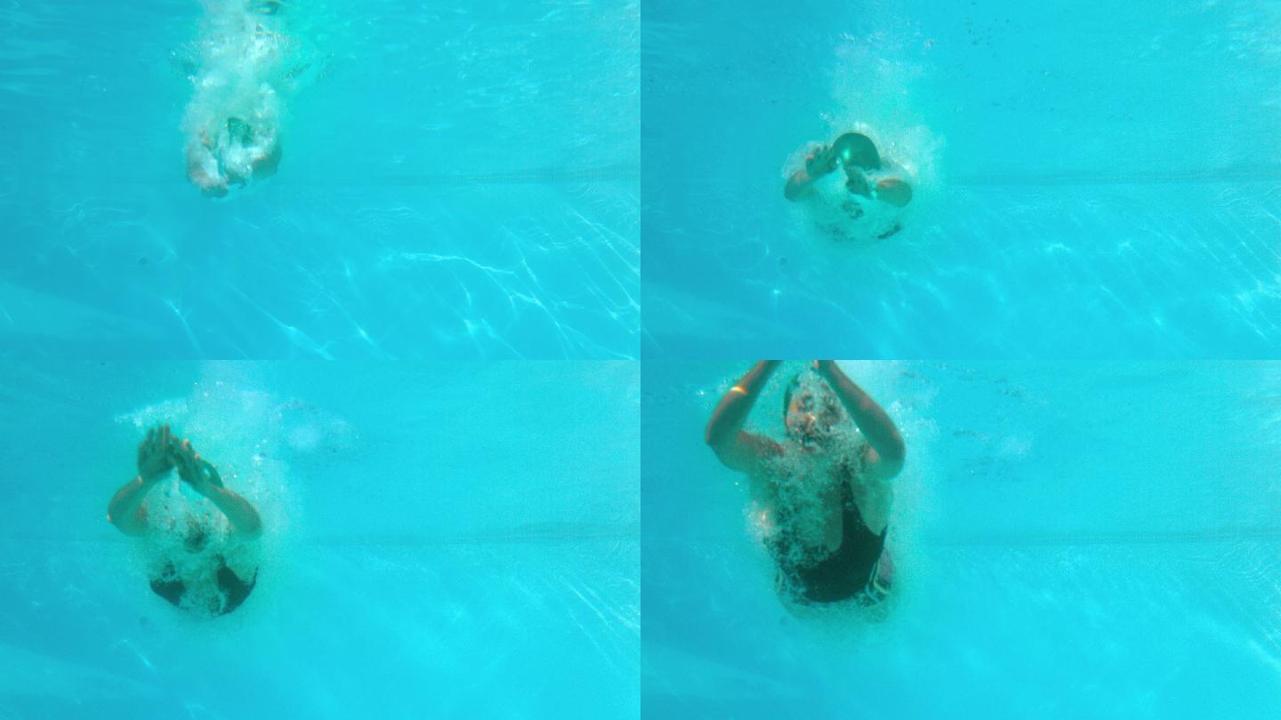 健身女子在室外游泳池的慢动作跳水