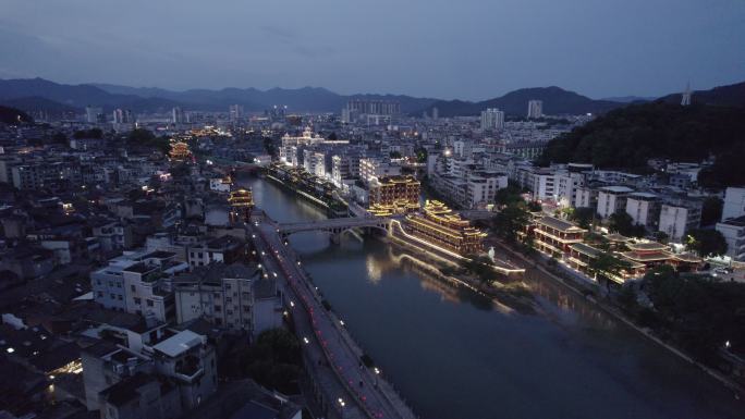 龙岩 长汀 古城 夜景 航拍城市快速发展