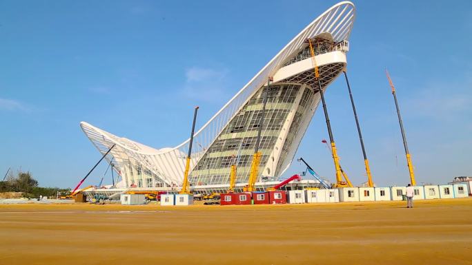 超广角拍摄钢结构建筑施工 凤凰之舟大剧院