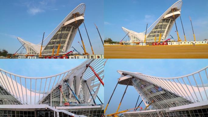 超广角拍摄钢结构建筑施工 凤凰之舟大剧院