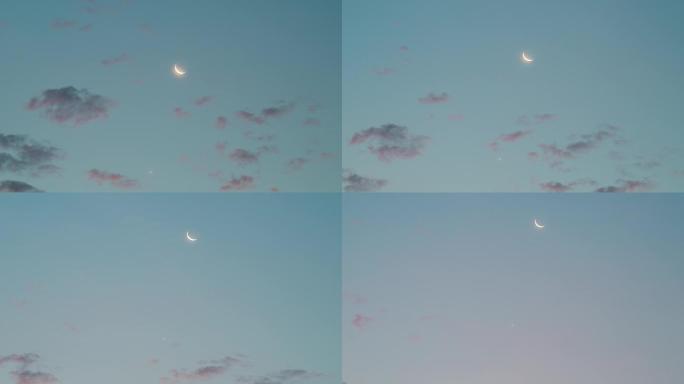 4K延时摄影 清晨天空 蛾眉月与金星