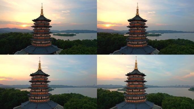 杭州西湖航拍日落时分雷峰塔著名景点