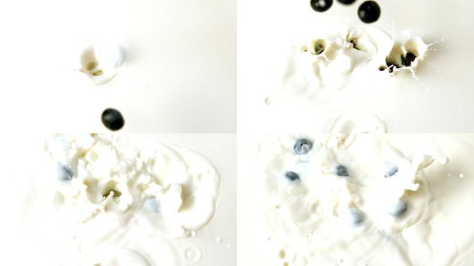 蓝莓落在牛奶杯里的慢镜头