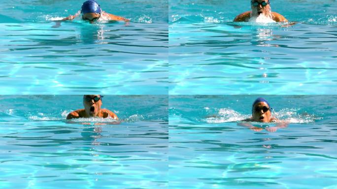 健康的游泳者在游泳池里慢动作做蝶泳动作