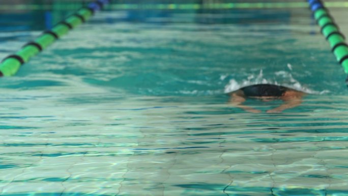 健康的游泳者在休闲中心的游泳池里做蝶泳