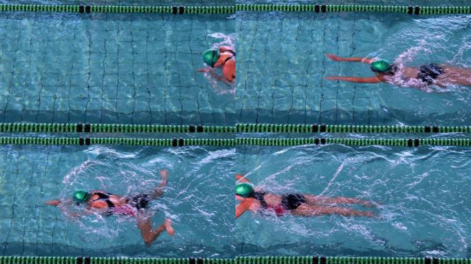 健身女游泳运动员在休闲中心的游泳池里进行蛙泳